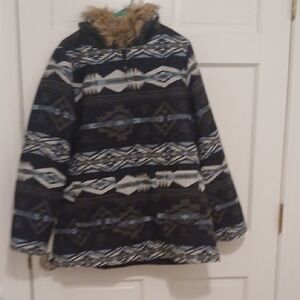 Women's Patterned Ski Jacket with Faux Fur Hood